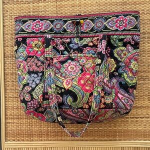 Vera Bradley Black Quilted Paisley Floral Tote with Pink & Green Accents